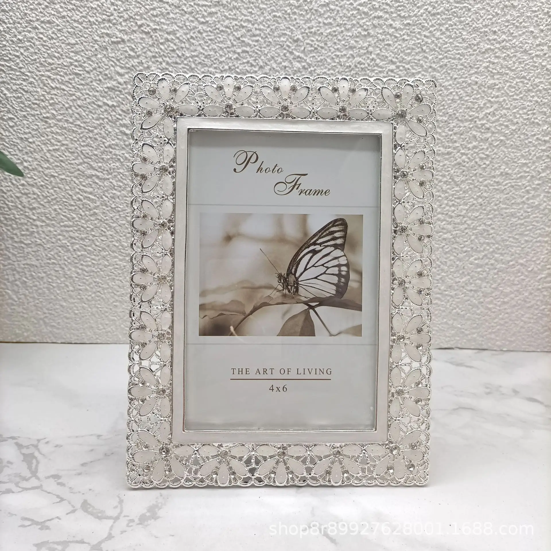 Wedding Accents Shiny Silver Plating Hollow White Flower With Rhinestones Jeweled Rectangle 4x6,5x7 Inch Metal Alloy Photo Frame