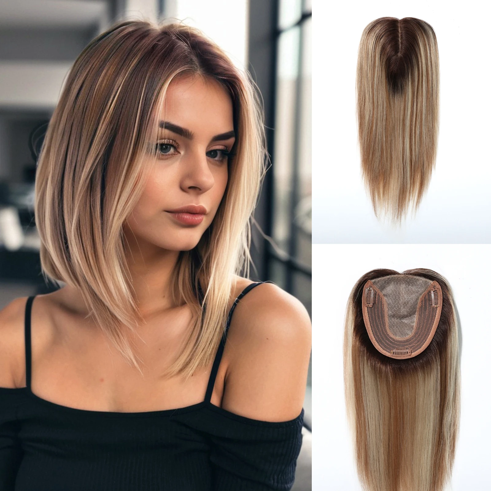 12 Inch 100% Remy Human Hair Topper Dark Brown To Light Blonde Highlights 3 Clips Women's Hair Loss Solution Real Hair Extension