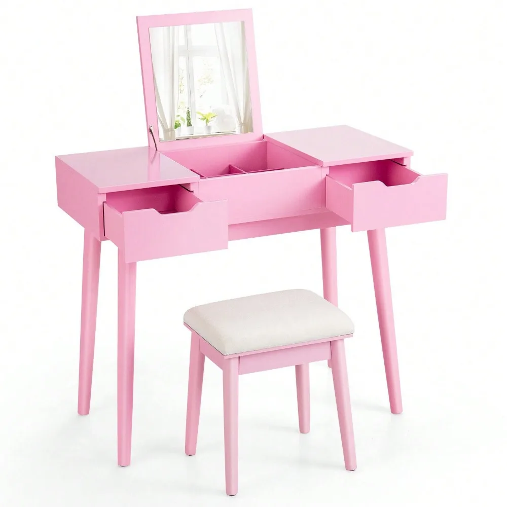 

Table Set w/ Flip Top Mirror Drawers 9 Dividers Makeup Writing Desk Pink