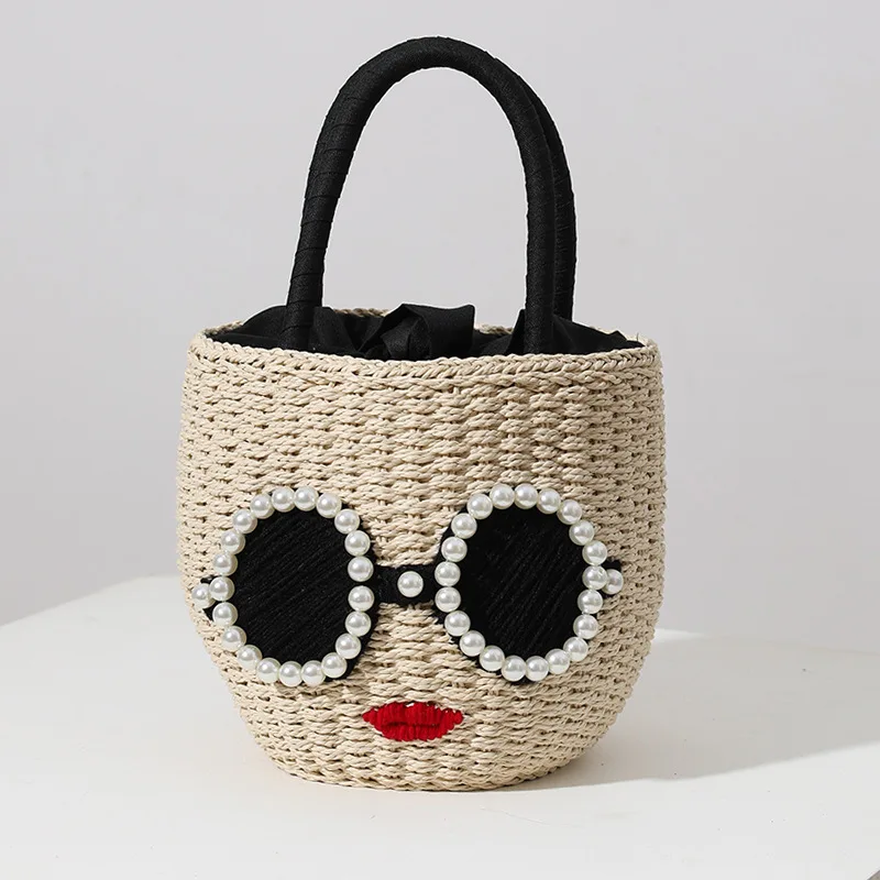 2022 Summer Round Rattan Handmade Sunglasses Pearl Bag Bohemian Leisure Straw Bag Bucket Knit Shoulder Crossbody Bead Beach Bag