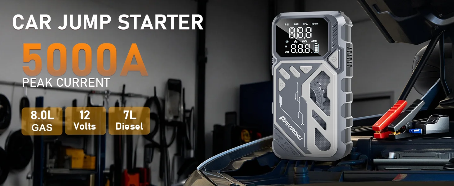 PAIVIROKU 5-in-1 Starthilfe mit Luftpumpe 5000APeak Starter 150PSI Digitaler Reifenfüller Auto-Batterie-Starthilfe Powerbank – Detail 1