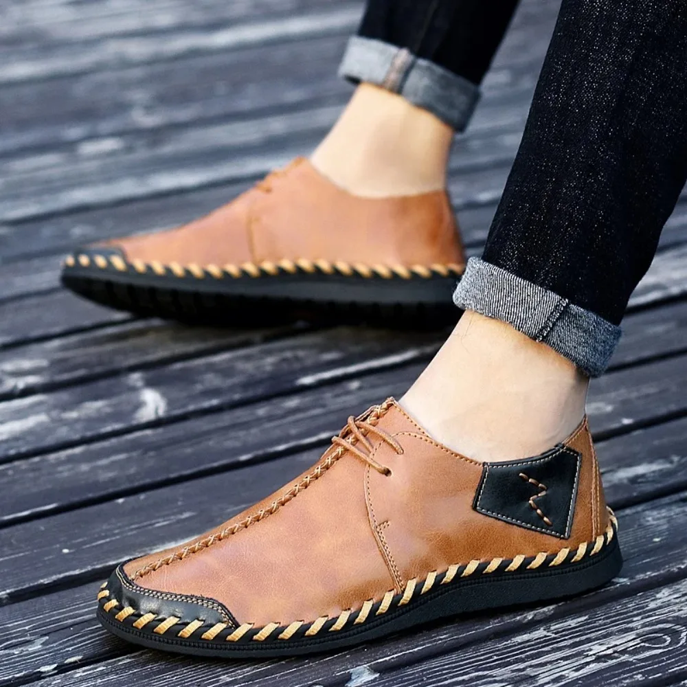 

Simple Quality Leather Men Business Office Shoes Lace Up Flat Bottomed Soft Comfortable Shoe Hand Sewn Casual Shoes Sizes 38-47