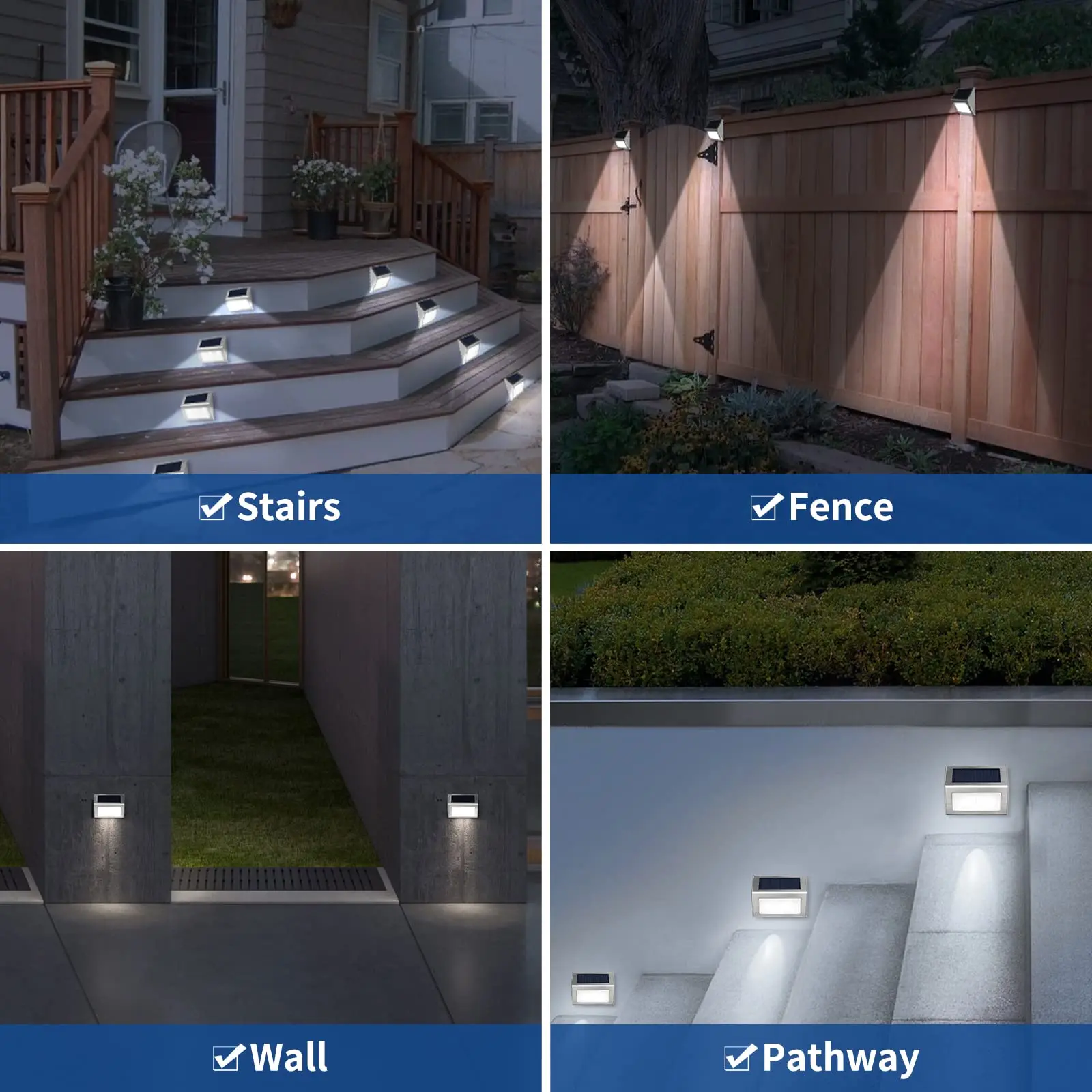 Luces de paso solares LED para exteriores, luces de acero inoxidable impermeables para jardín, Patio trasero, decoración de cubierta, paquete de 6