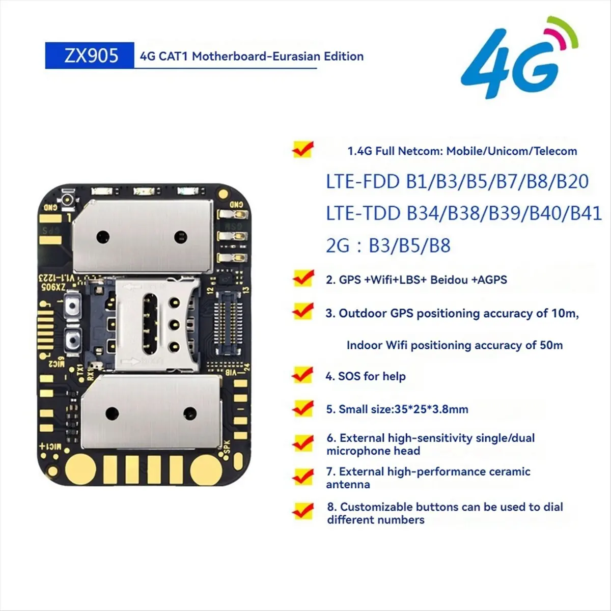 ZX905 GPS Tracker 4G Chip Module LTE CAT-1 Tracking PCBA GPS Module Board Anti-Lost GPS Track Monitor for Car