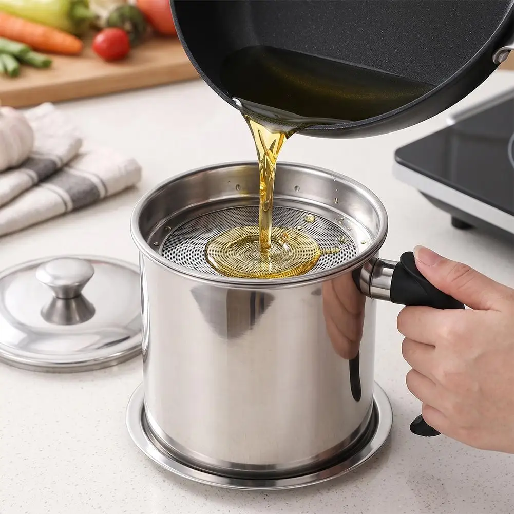 Stainless Steel Oil Filter Cup Kitchen Oil Storage Bottle Leak Proof with Removable Strainer for Storing Frying Oil Kitchenware