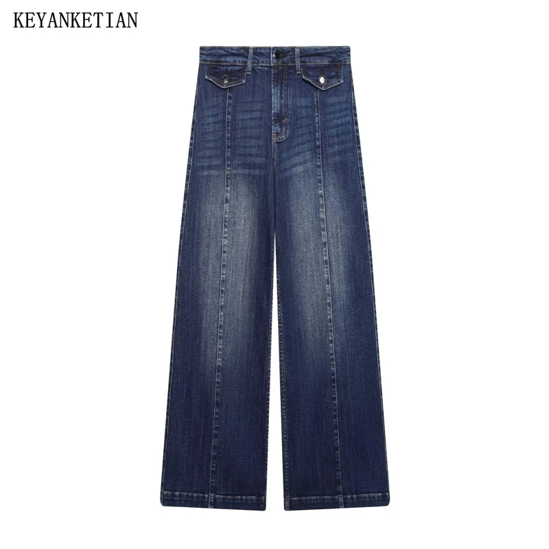 KEYANKETIAN 2026 New Fashion Blue Wide Leg Jeans Ladies High Waist Flap Pockets Loose Denim Trousers Daily Wear Long Trousers