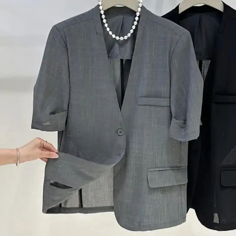Womens Lightweight Half Sleeve Blazer Collarless One Button Open Front Casual Office Jacket With Pockets