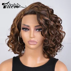 Trueme Bouncy Curly Short Bob Wig Lace Front Human Hair Wigs Brazilian Highlight Brown Water Wave Lace Human Hair Wig For Women