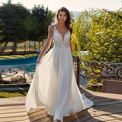 Vestidos de novia de gasa elegantes personalizados, vestidos de novia sin mangas con cuello en V, apliques sin espalda, cuentas de barrido, línea A, с iyoдебное пла coiе