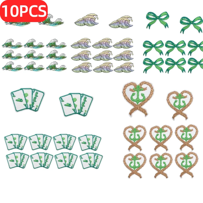 Green Theme Embroidered 10/12PCS Wholesale Bag Decoration Denim Crab Cloth Patches Summer Surf Girl Patch Embroidery Ironing