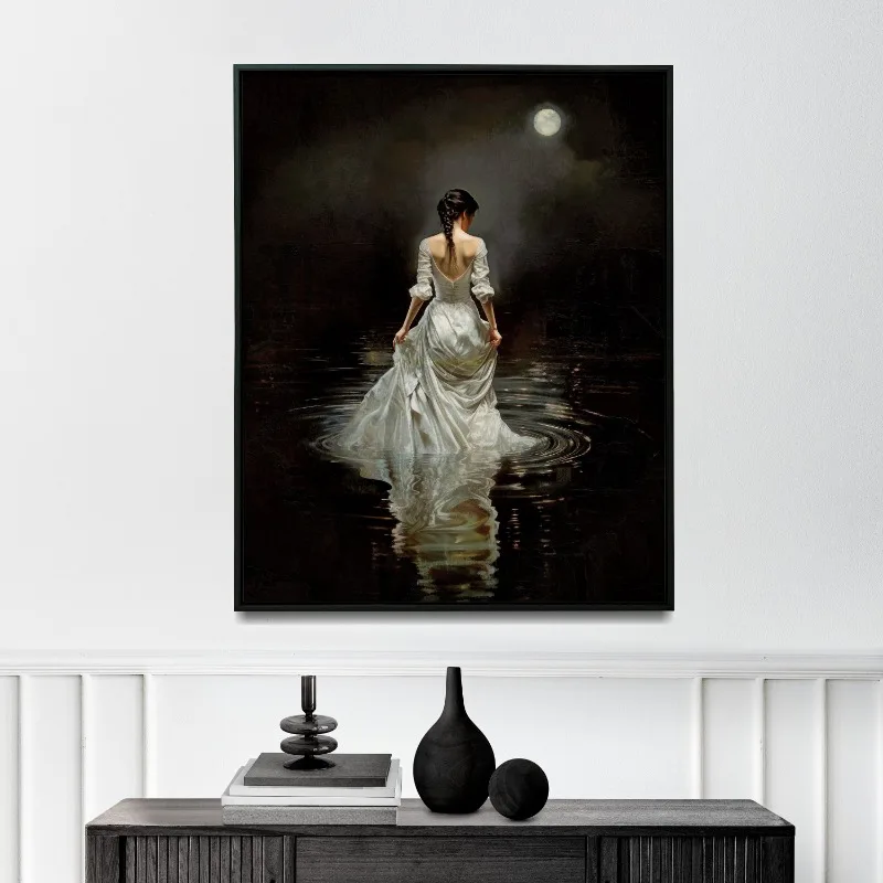 Woman in White Dress Poster Moody Victorian Gothic Lake Rippling Female Silhouette Canvas Painting Wall Art for Room Home Decor