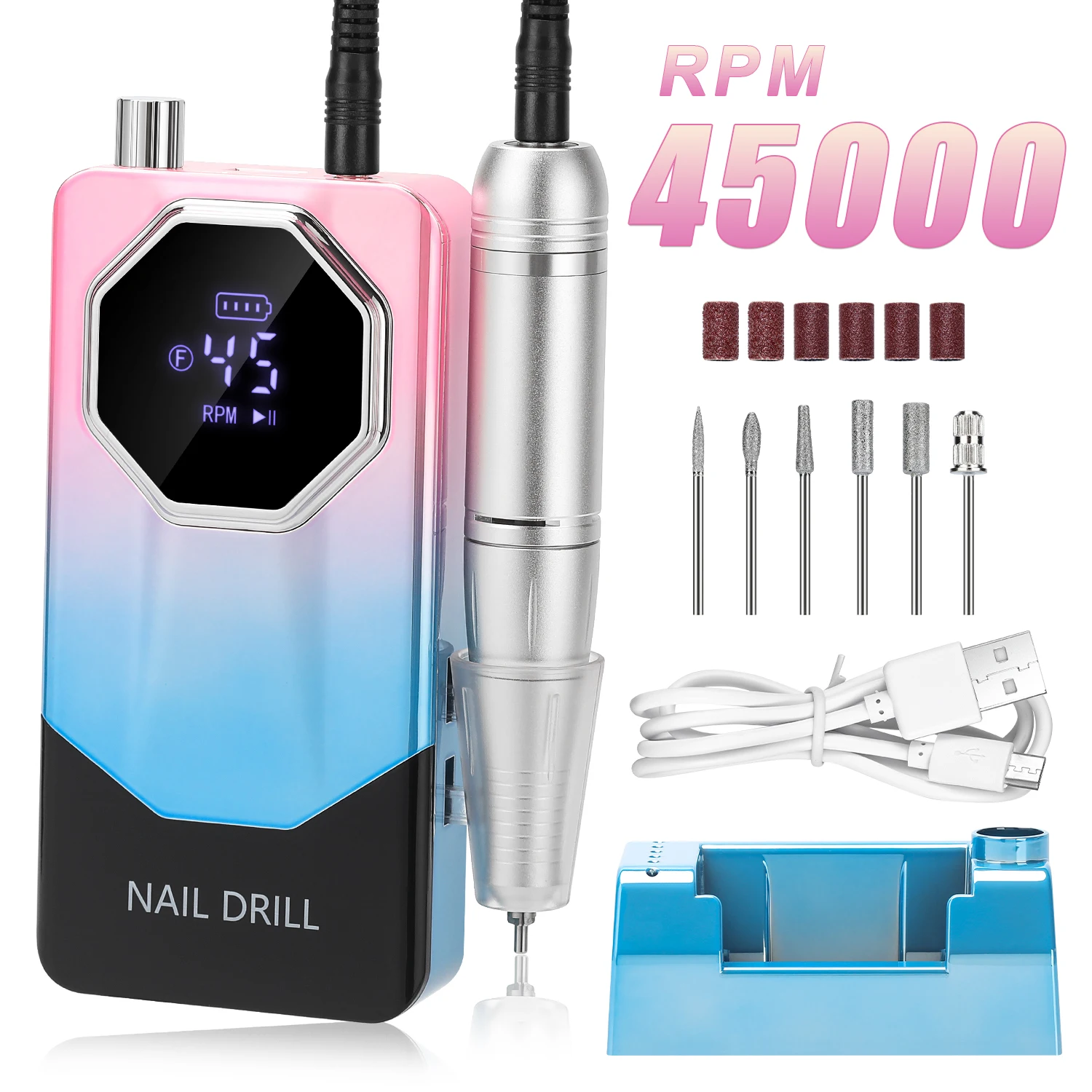 45000RPM Rechargeable Electric Nail Drill Machine Professional Nail Drills for Gel Nails Polish Portable Nail File Manicure Tool