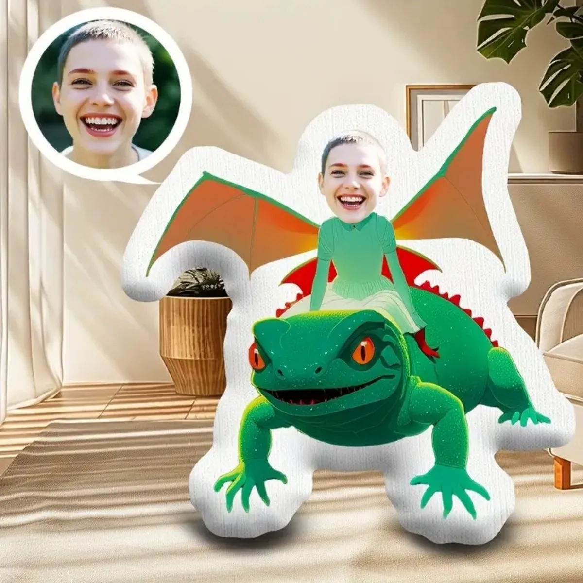 Personalized photo home plush pillow - Custom lizard dinosaur face shape gift with your photo, funny and interesting gift