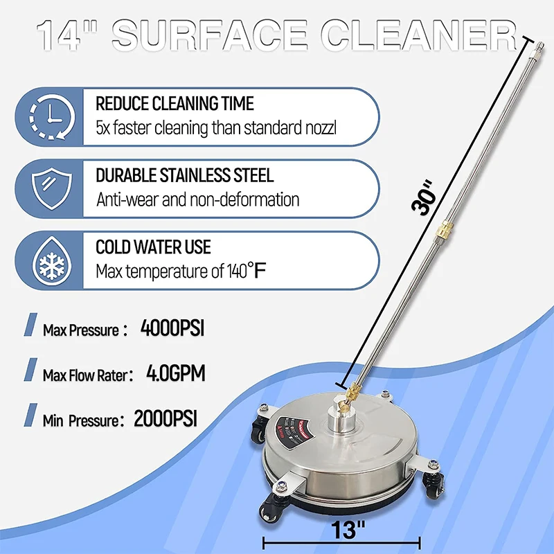 14\'\' Pressure Washer Surface Cleaner Stainless Steel with 2 Extension Wand 4000 PSI Pressure Washer Attachment with Wheels