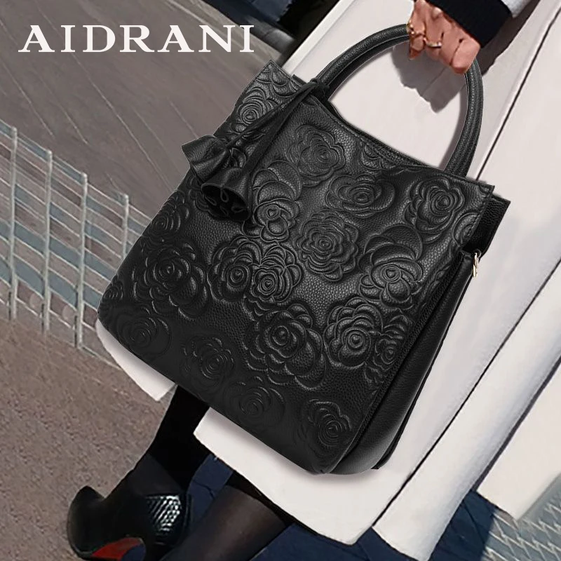 Aidrani 2024 women\'s fashion genuine leather bag,large capacity flower patterned luxury brand cowhide bag