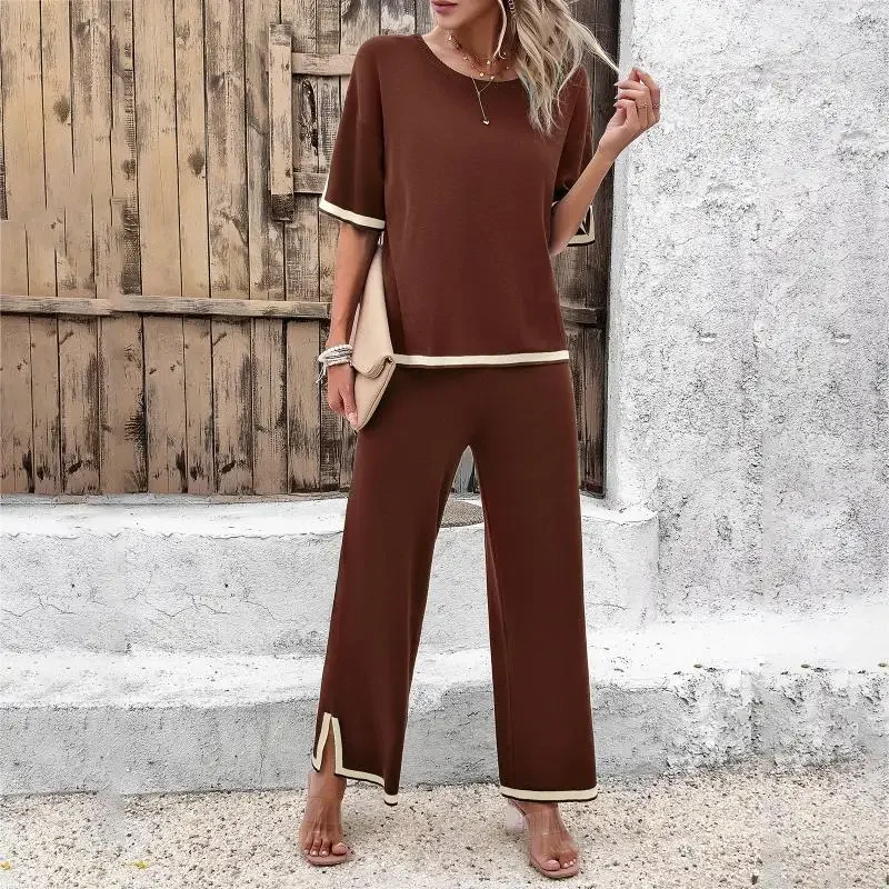 2024 Women's Solid Color Short Sleeves Casual Trouser Suit Round Neck Stripes Decoration T-shirt Sports Pants Two Piece Sets