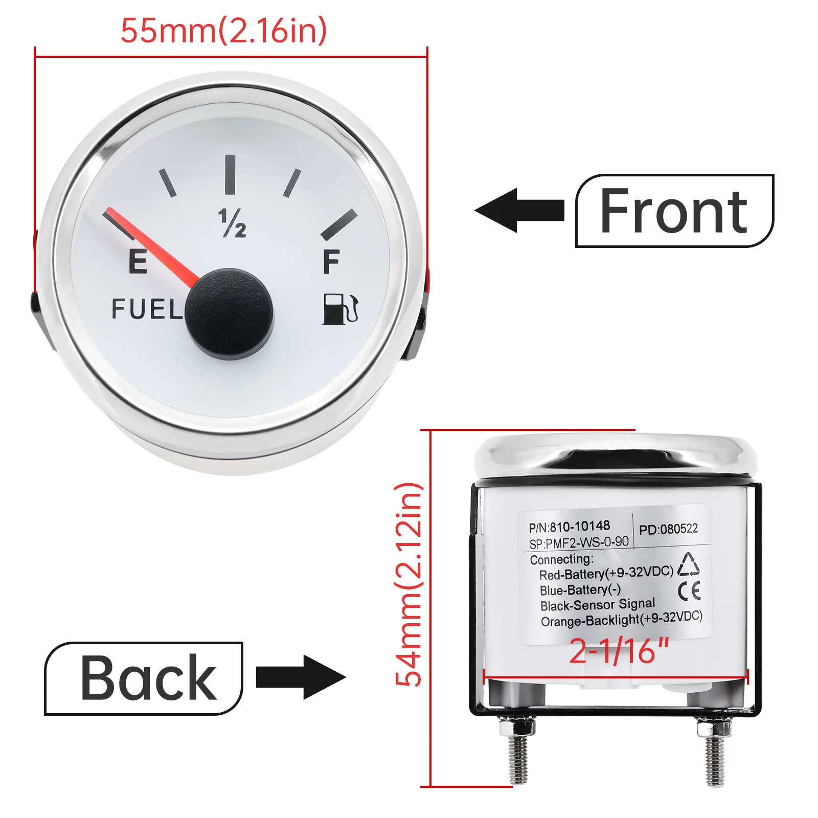 HD 1pc 0~90 Ohm Fuel Gauge Universal 9-32v Working Volt 52mm Fuel Level Meter for Auto Boat Motorcycle Fuel Level Pointer