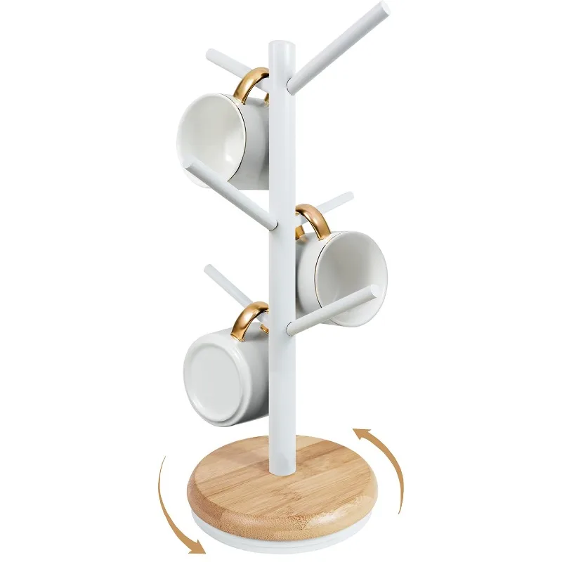 

Natural Wooden Coffee Cup Holder White 360 Degree Rotatable Cup Holder Tree Large Capacity 6 Hook Storage Station