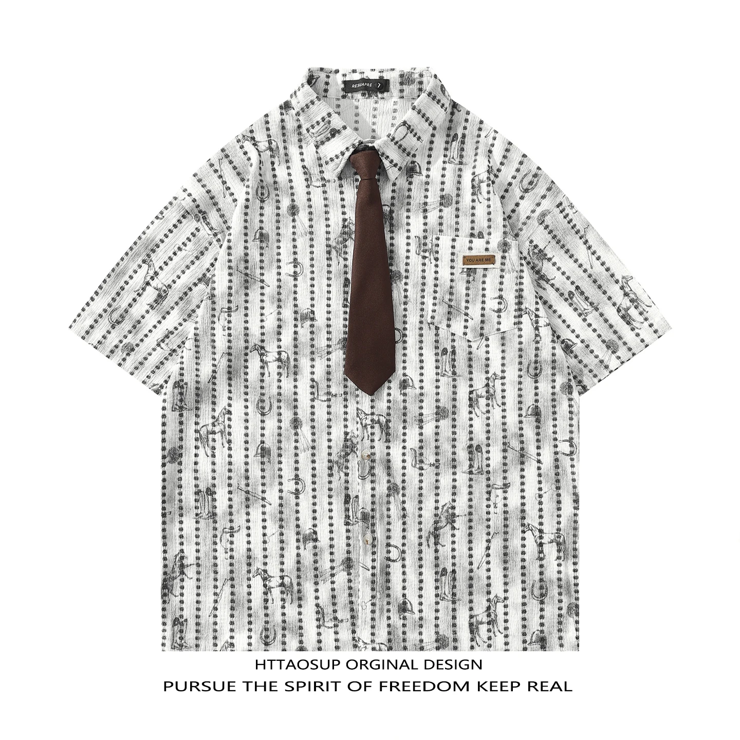 

HTTAOSUP American Retro Print Collar Short Sleeve Loose Shirt Men's Summer Lazy Style Casual Polyester Fiber Full Print