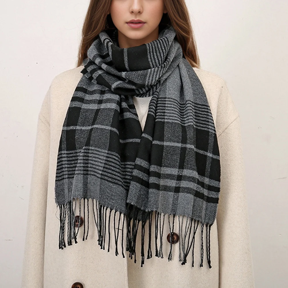 Korea Preppy Plaid Print Warm Scarf Women Winter Cashmere Hijab With Tassel Shawl Wraps Bufanda Long Casual British Style Scarf