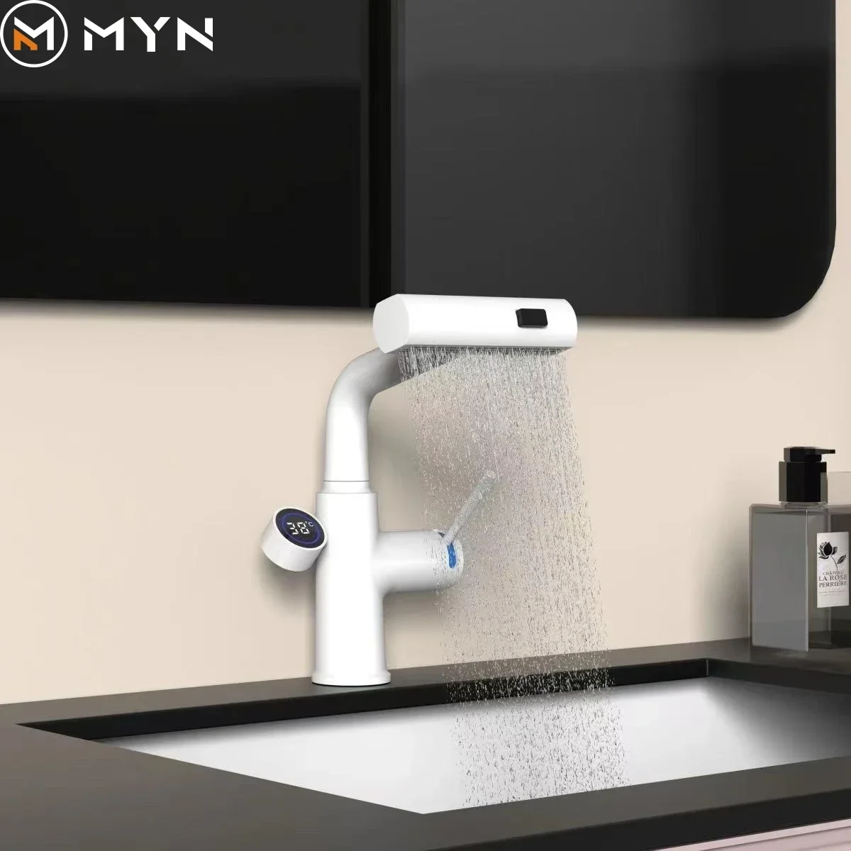 Tiktok New Trend Ivory Milky White Multifunction 360 Degree Rotating Waterfall  Basin Faucet  Bathroom Pull Out Basin Water Tap image 6