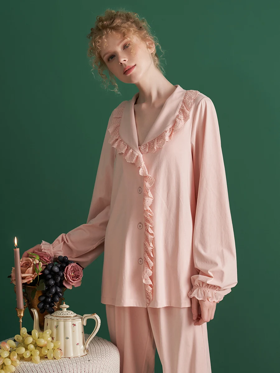 

Vintage Soft Lace Cotton Pajamas Sets For Women Long Sleeve Royal Princess Loose Sleepwear Suits Spring Autumn Home Clothes