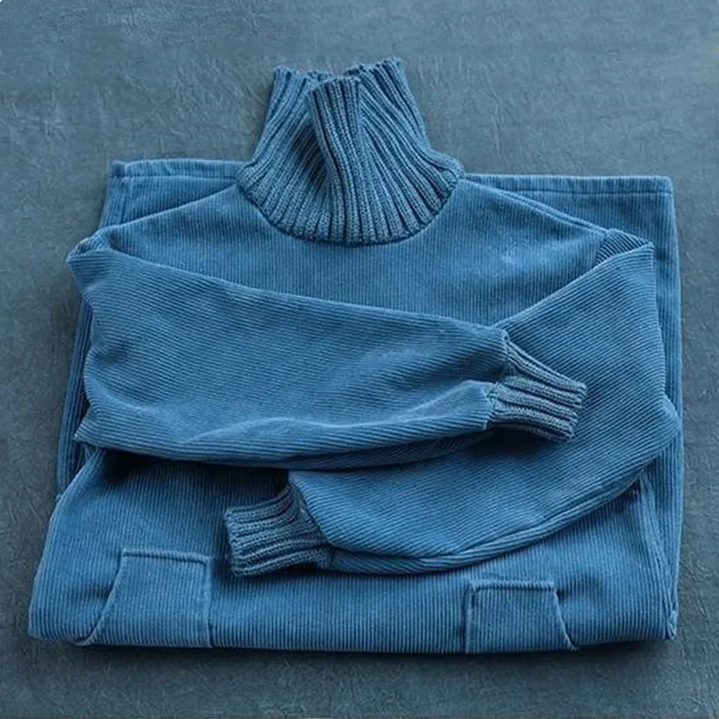 Robe longue en velours côtelé épais pour femme, couleur unie, élégante, ample, Vintage, col roulé, nouvelle collection hiver 2024