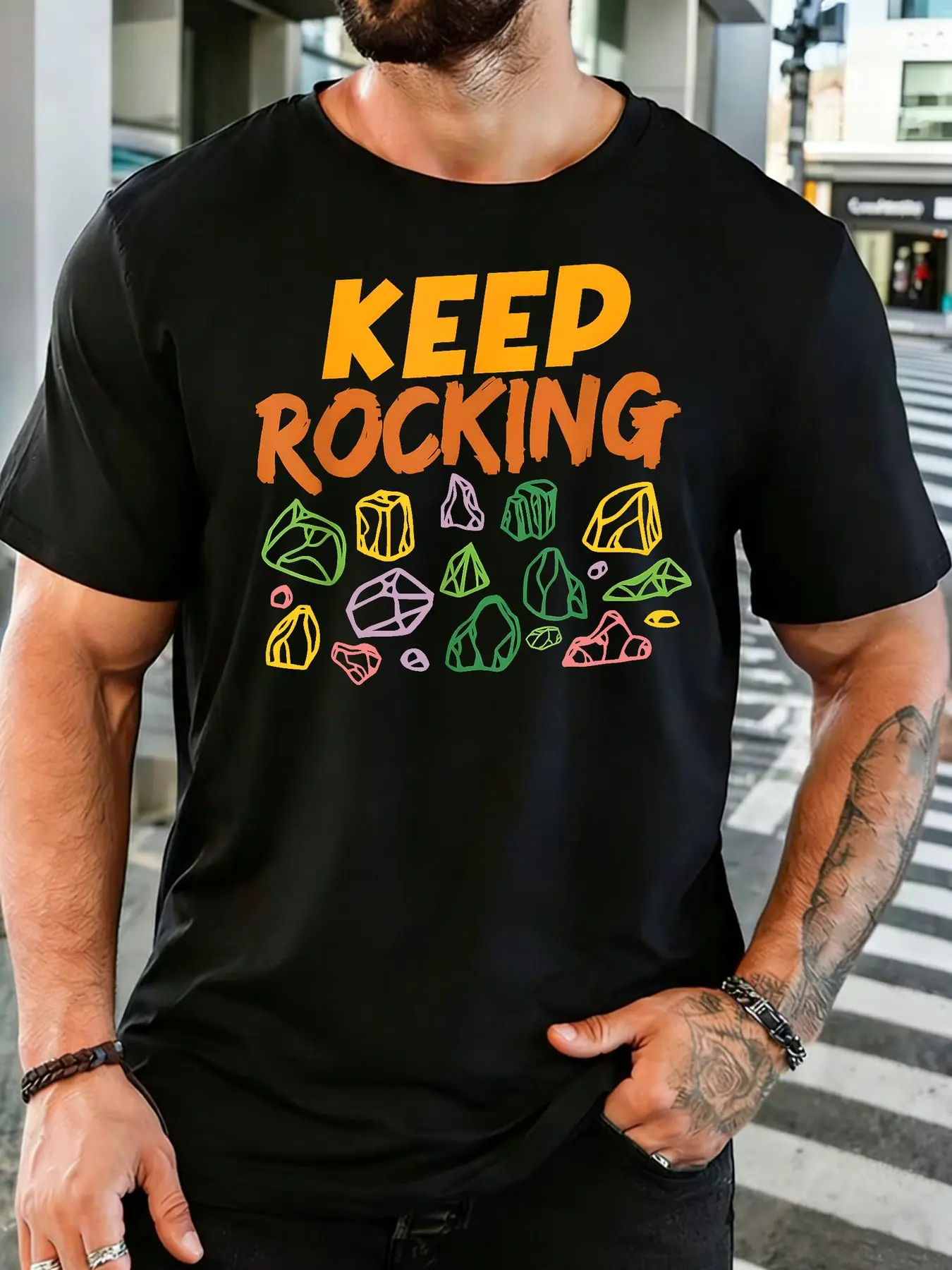 Men Crew Neck Cotton T Shirt Keep Rocking Color Crystal Stone Print Geology Lover Casual Daily Short Sleeve Tee For Male