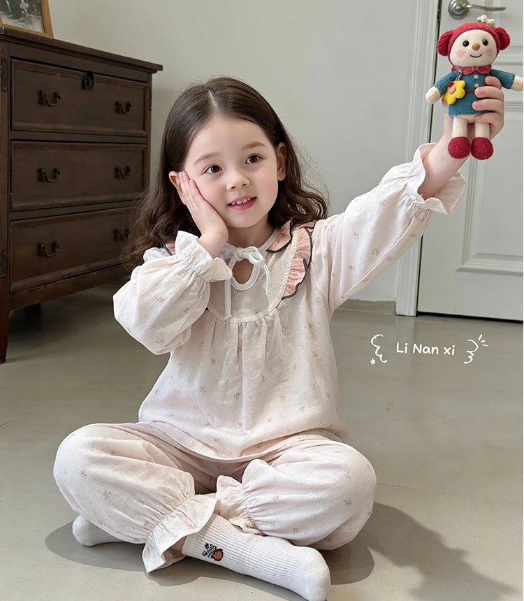 Girls Home Clothes Sweet Set 2026 Spring Autumn New Girls Baby Ruffled Floral Pajama Long Sleeve Two Piece Set view 3