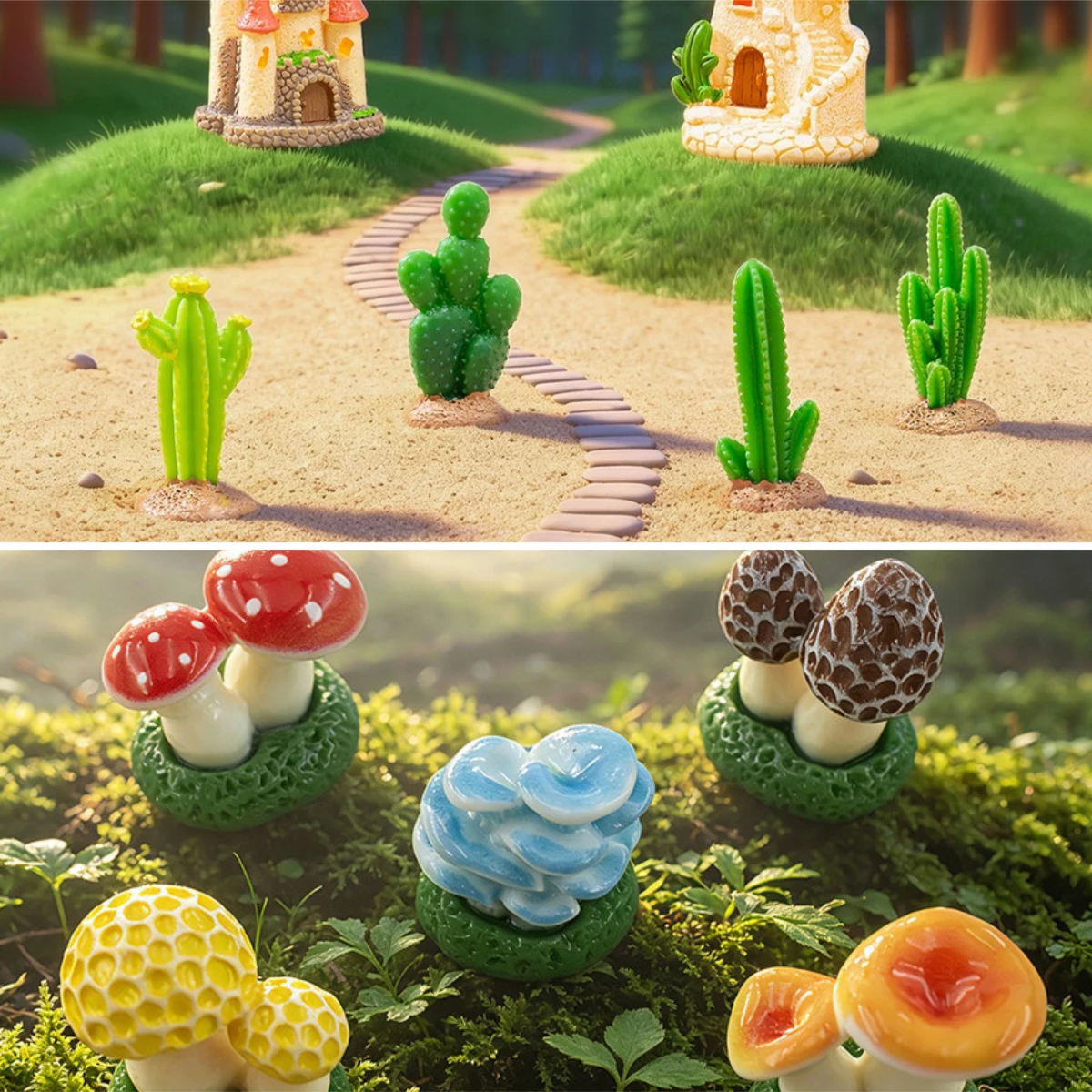 100pcs Cute Simulated Shiitake Mushroom Cactus Succulent 3D Resin Cabochon DIY for Hairpin Keychain Dollhouse Accessories