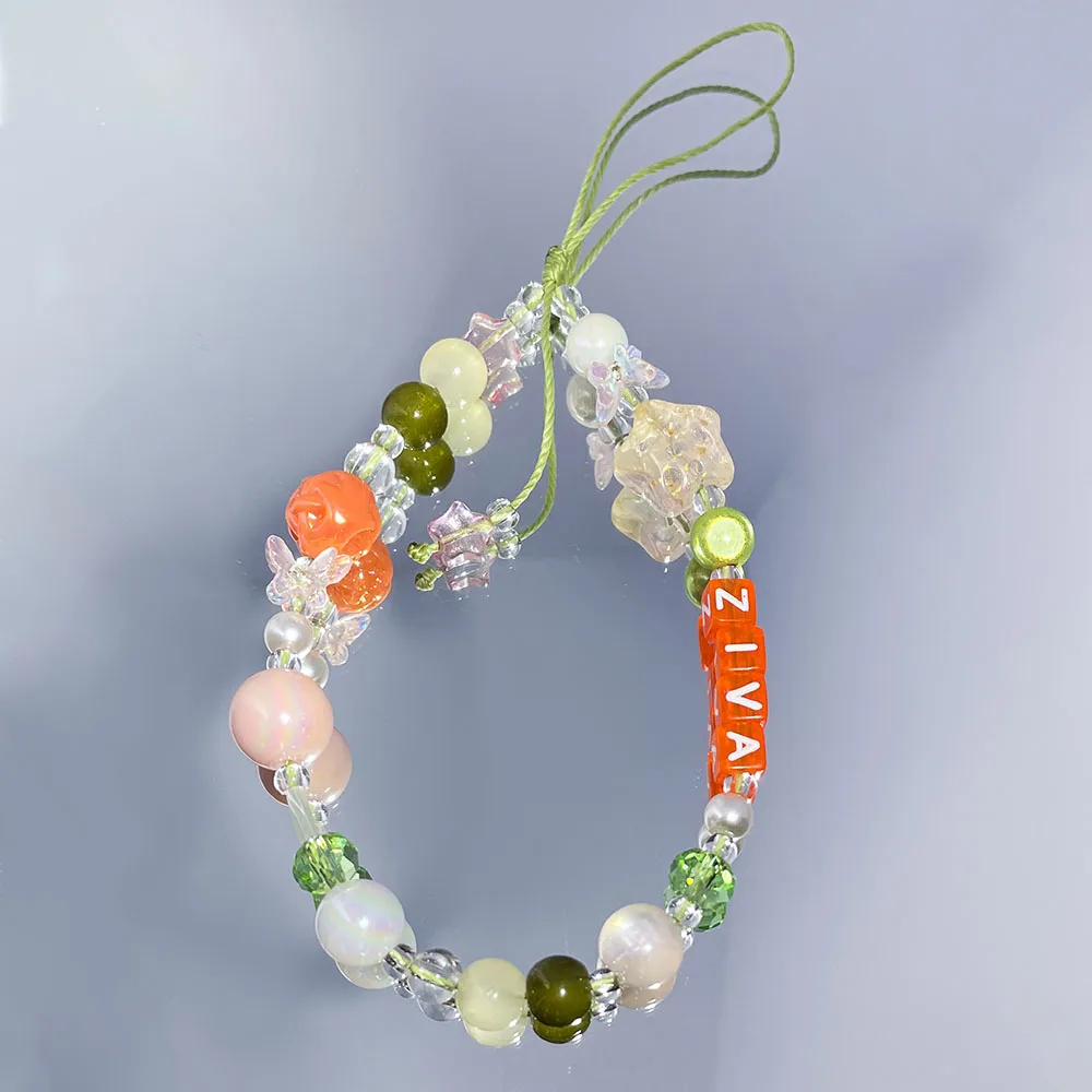 Personalised Name Phone Charm Strap Customized Orange Letter Pink Butterfly Yellow Glass Star Bead Aesthetic Cute Gift Keychain view 5