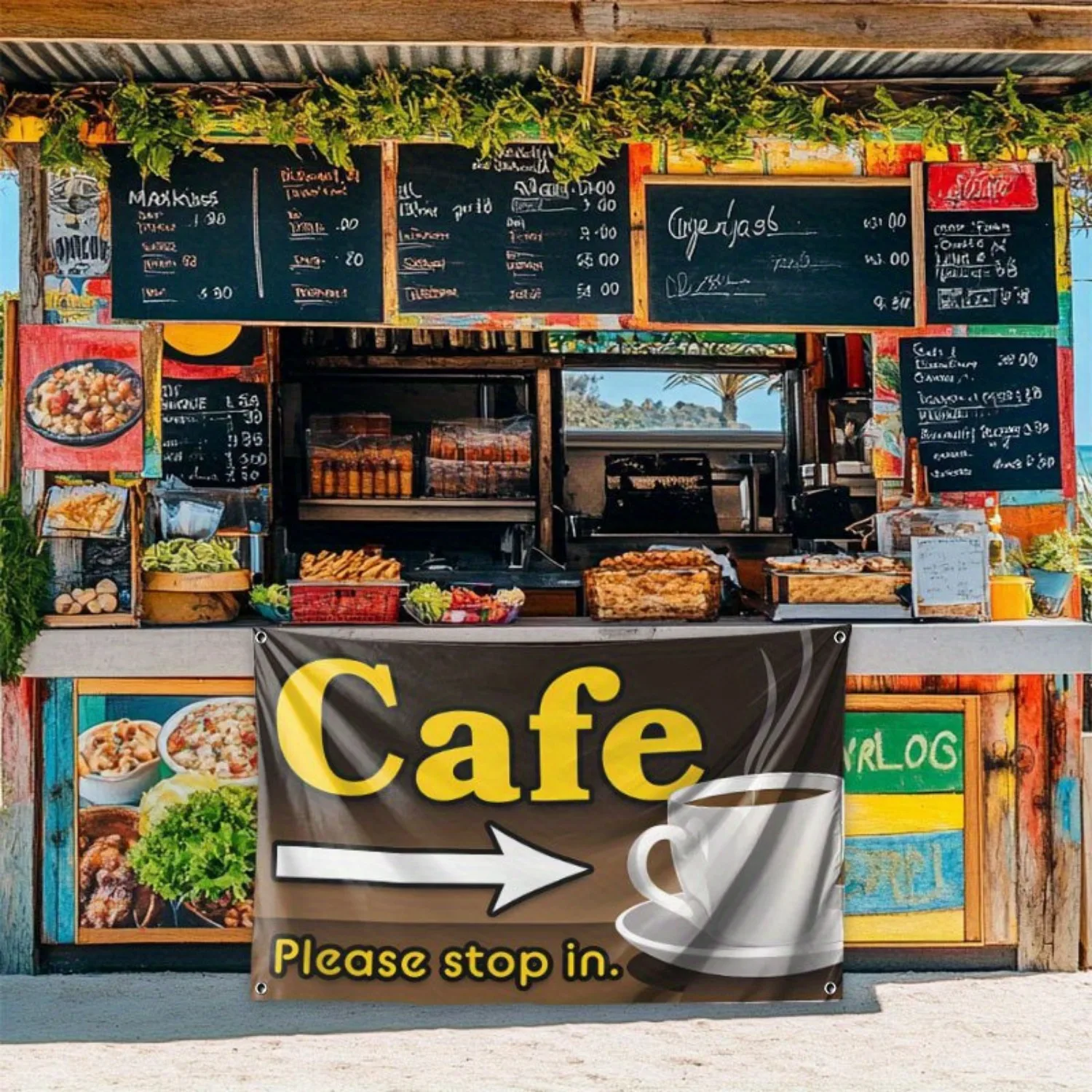 Storefront and Outdoor Booth Banner Eye Catching Cafe and Welcome Design Coffee Cup Pattern Strong Weather Resistance