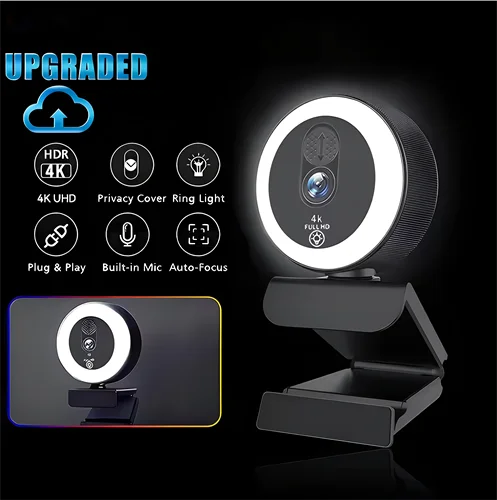 Imagen 2 del producto EXHQDR Cámara web USB 4K/1080P con anillo de enfoque automático, cubierta de privacidad, trípode tipo C para PC, Zoom, transmisión de reuniones