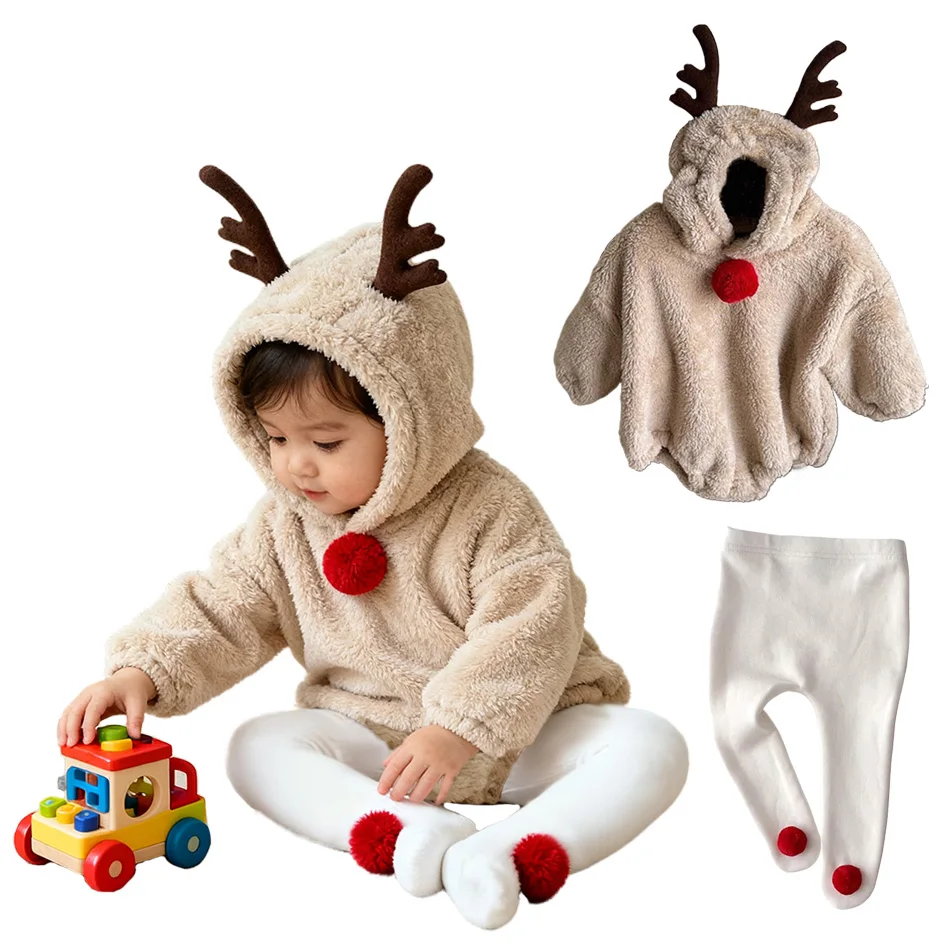 

Christmas Reindeer Costume for Baby Warm Winter Fleece Romper Jumpsuit Soft Plush One-Piece with Hood for Infant Photo Shoot