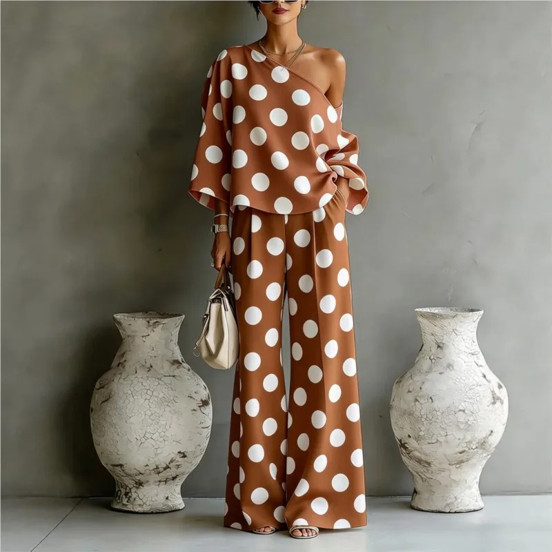 Women's Polka Dot 2 Piece Outfit One Shoulder Blouse And Wide Leg Pants Set Casual Loose Summer Party Tracksuit Elegant New 2026 view 3