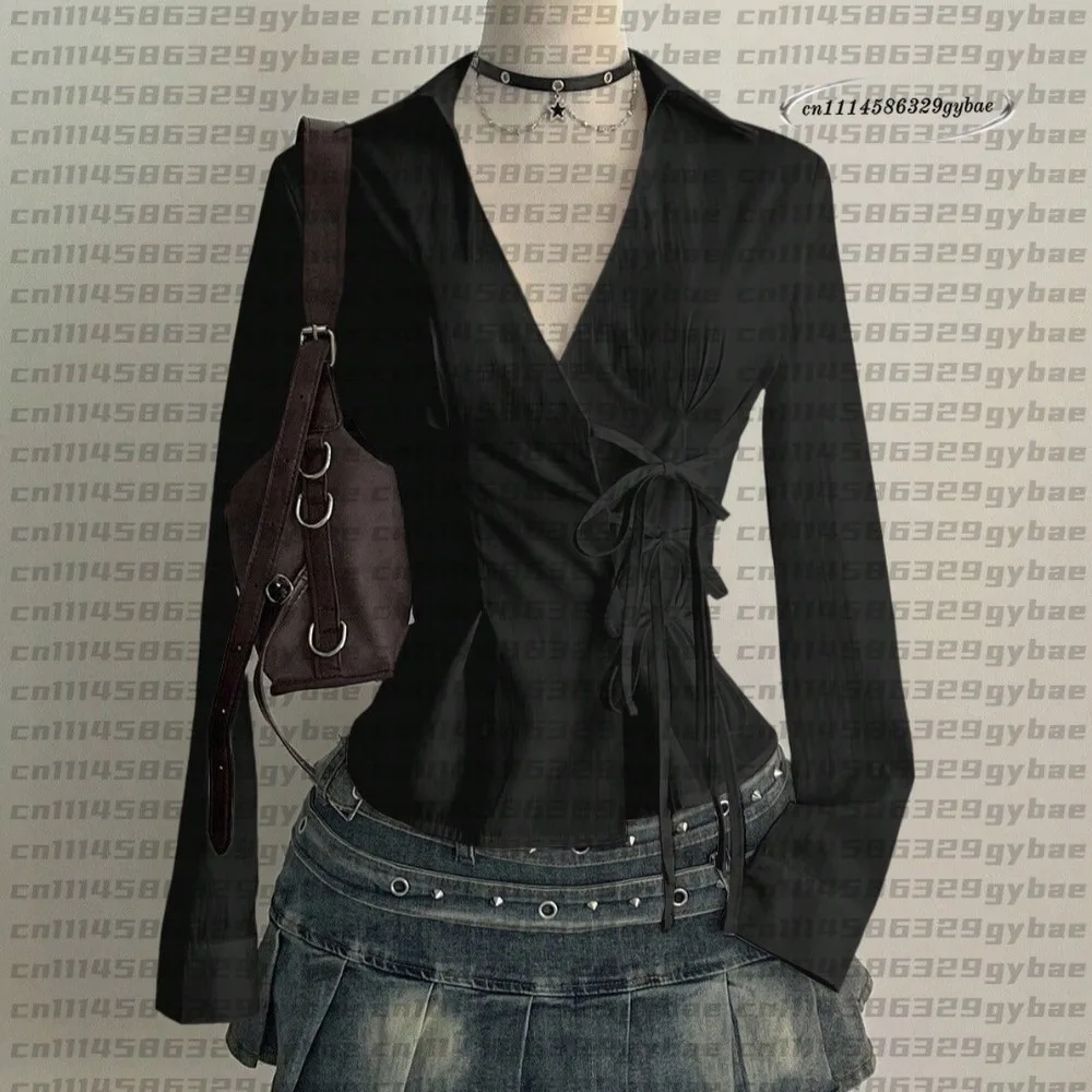 2026 Fashion Long-sleeved Slim Fit Shirt V-neck Harajuku Office Aesthetic Blouse Y2K Women Tie-Waist Shirt Spring Summer