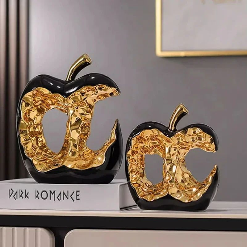 Gold-plated Ceramic Apple Hollowed-out Handicraft Sculpture Desk Decoration Creative Apple Statue Room Aesthetic Decoration