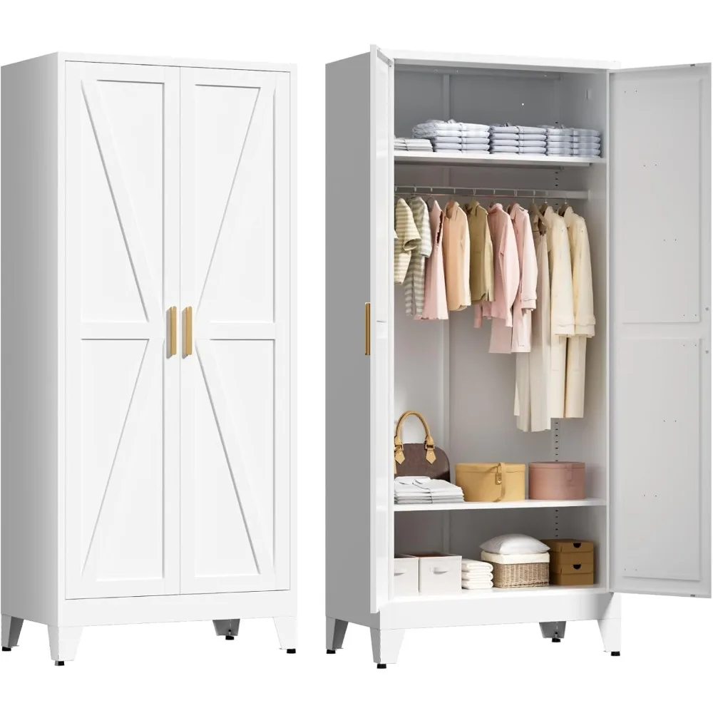 

Freestanding Double-Door Metal Wardrobe with Adjustable Shelves and Hanging Rod for Bedroom Storage