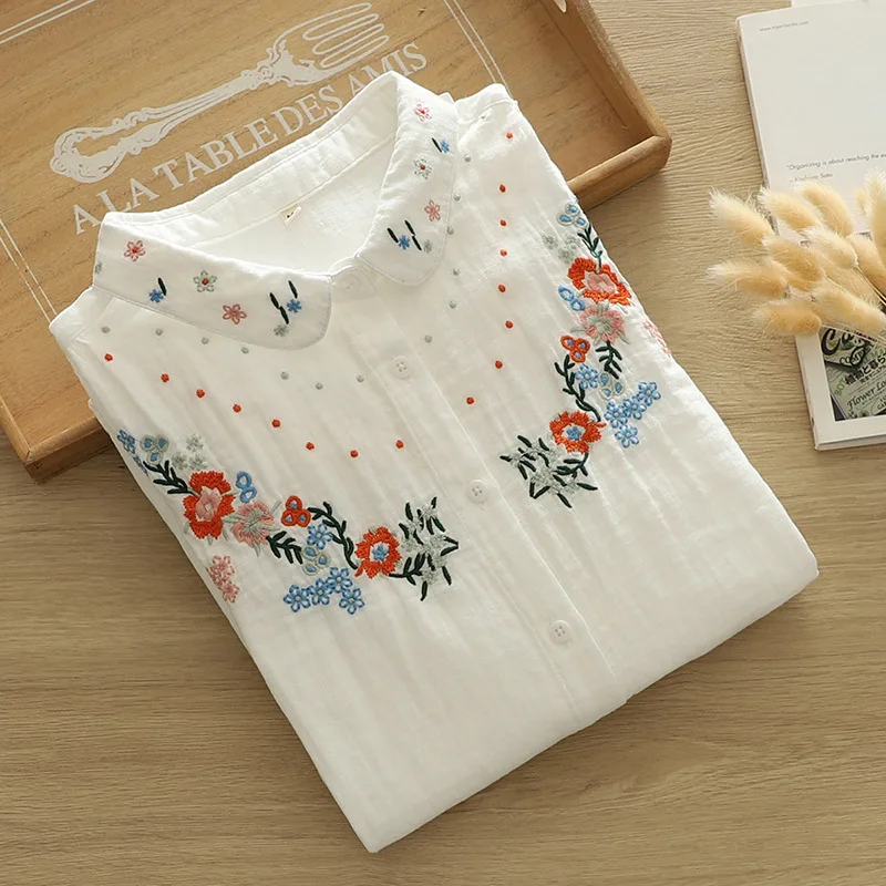 

Japanese Sweet Mori Girl Flower Embroidery Double Layer Cotton Shirts Women Spring Turn Down Collar Long Sleeve Casual Blouse
