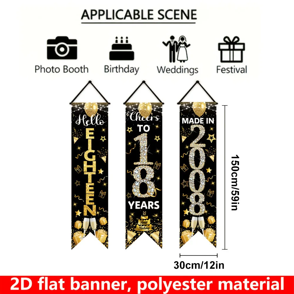 2D Flat 3Pcs 2008 18th Birthday Black Gold Door Banner Set, 30×120cm Polyester, 