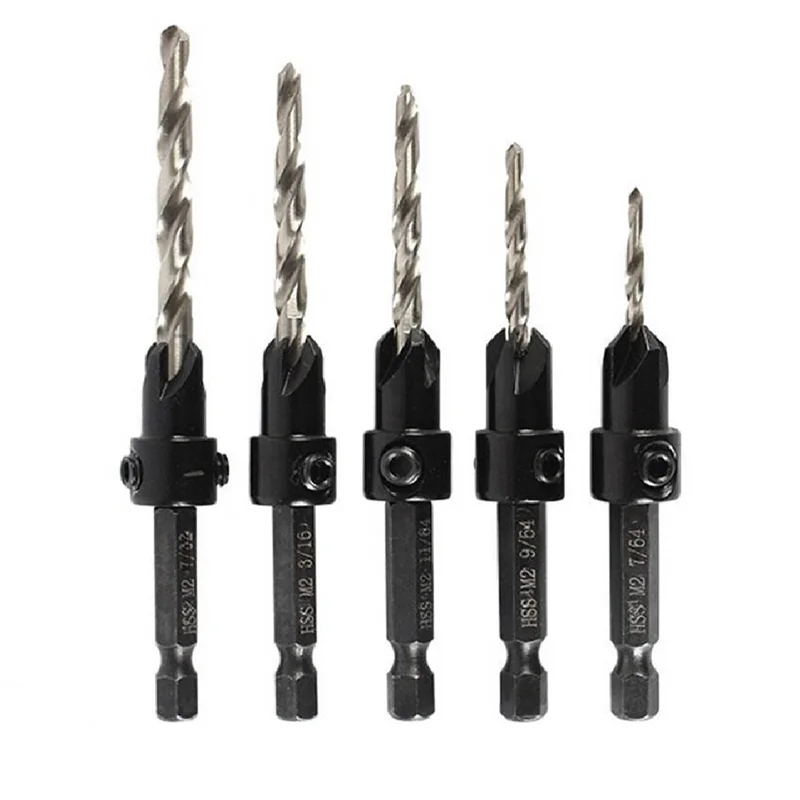 ABJO-5Pcs เหล็กความเร็วสูงปรับไม้ Countersink เจาะชุด Bit เรียวเจาะบิตสําหรับงานไม้ 4 6 8 10 12