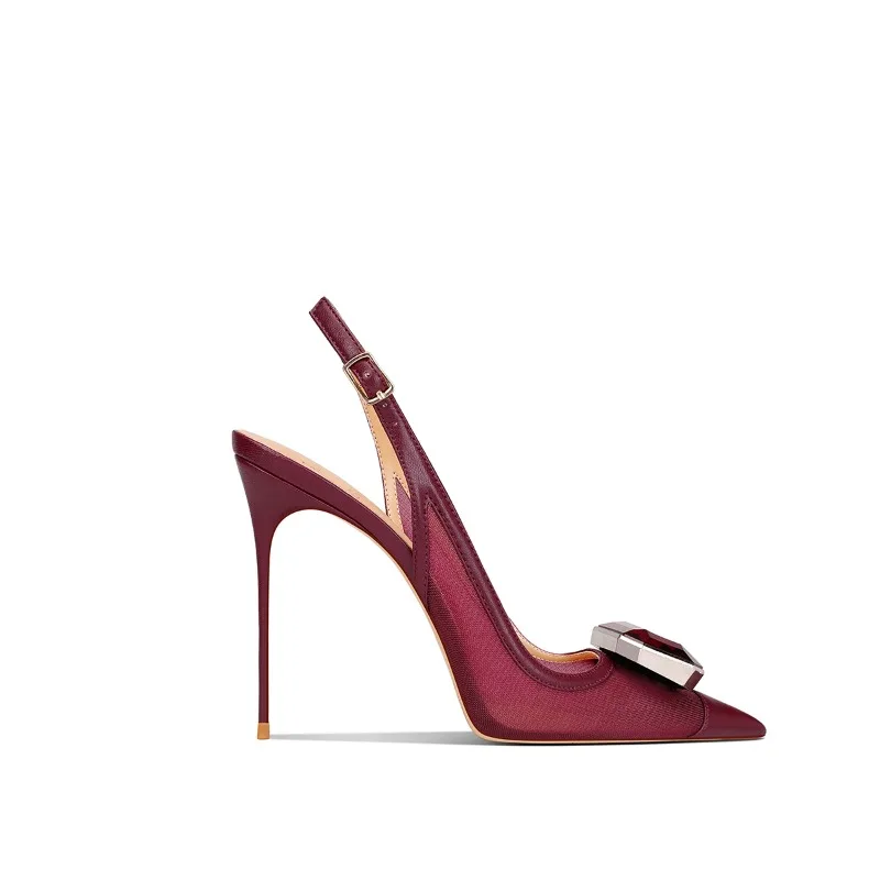 

Burgundy 2025 Fall New Mesh Pointed Toe Stiletto High Heels for Women Elegant Dress Shoes