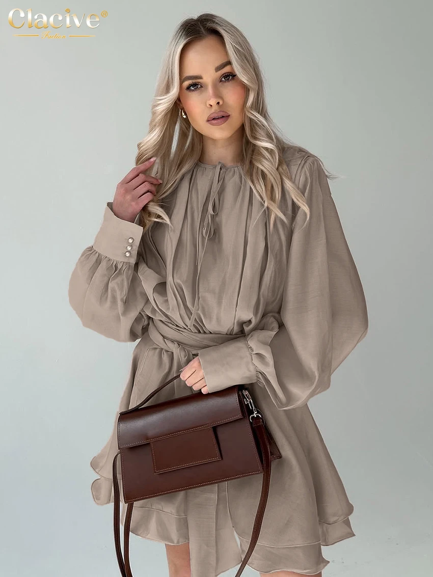 

Clacive Fashion Loose Khaki Women's Two Pieces Set 2025 Elegant Long Sleeve Shirt With High Waist Pleated Mini Skirt Set Female