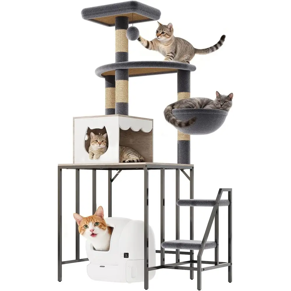 Multi-Level 67.3 High Cat Tower with Perch and Cozy, Light Gray