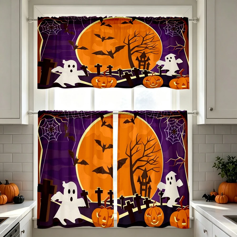 Halloween Fall Kitchen Curtains, Purple Moon Bat Castle, Digital Print, Kitchen Dining Room, Rod Pocket Polyester, Home Decor