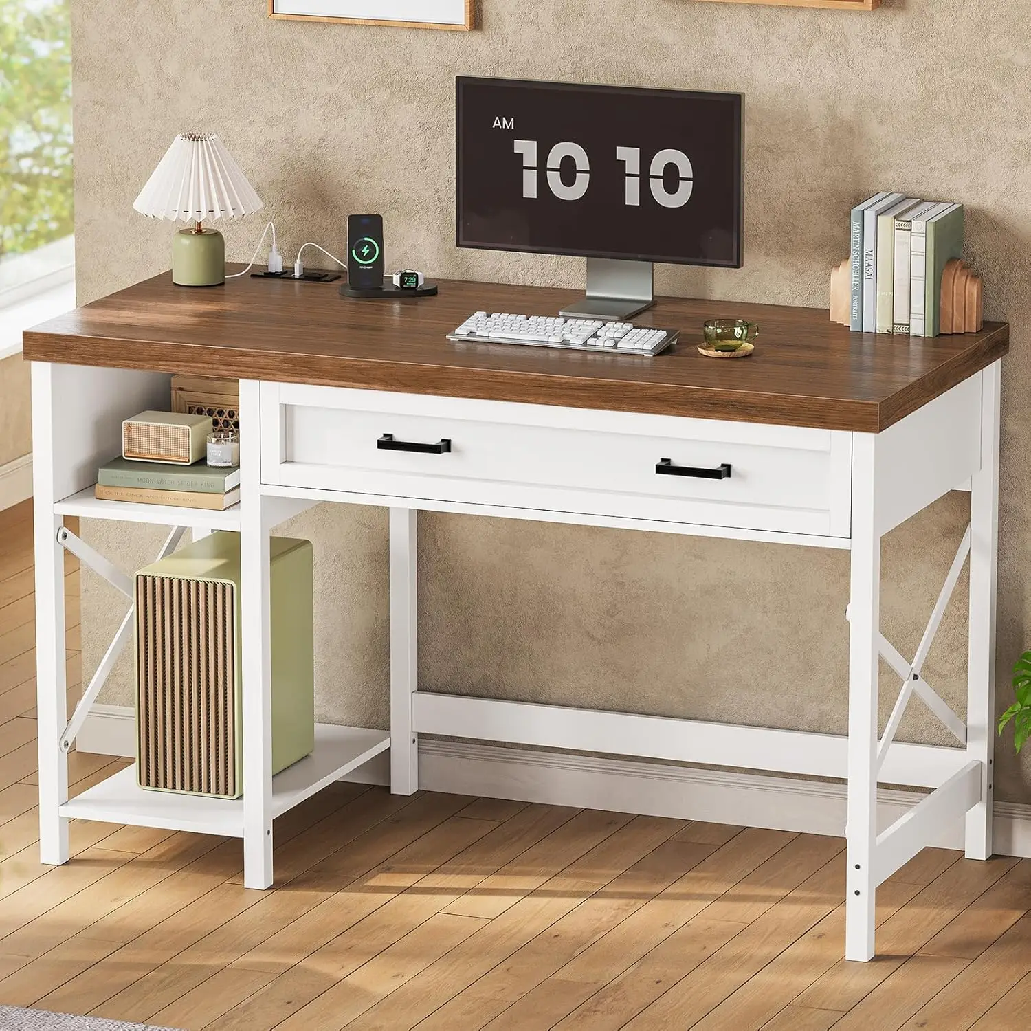 

40" White Small Computer Desk with Drawers Storage Shelves Power Outlet Bedroom Home Office, Customized