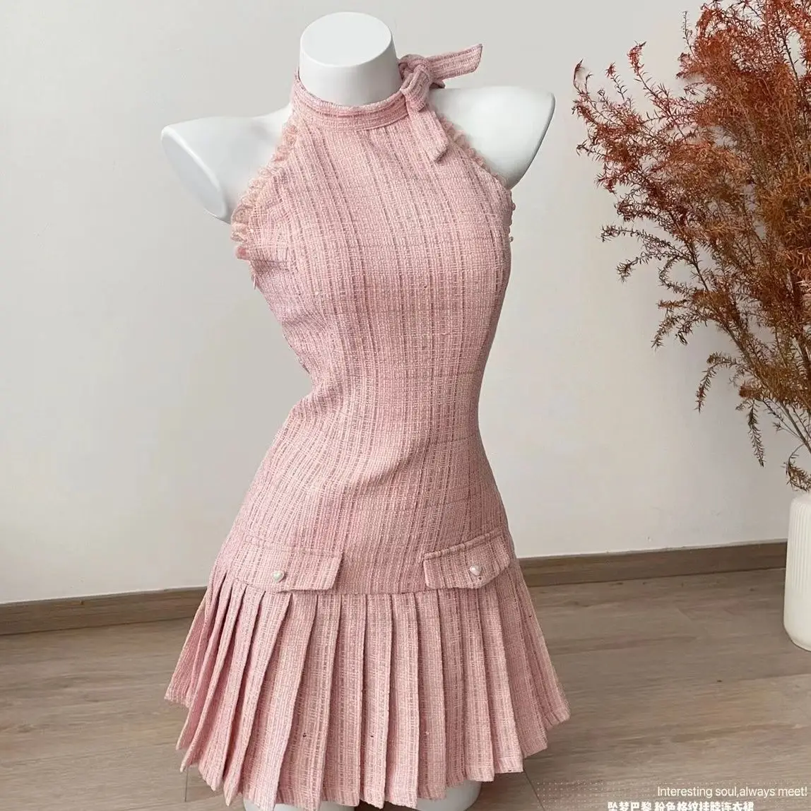 

Elegant French Small Fragrant Pink Plaid Dress Frocks Robe Tide Patchwork Bow Slim Girl Sweet Fashion Pleated Skirt