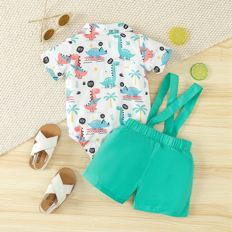 

0-18M Infant Baby Boys 2Pcs Gentleman Outfits Short Sleeve Dinosaur Print Romper Tops + Suspender Shorts Set Toddler Clothes