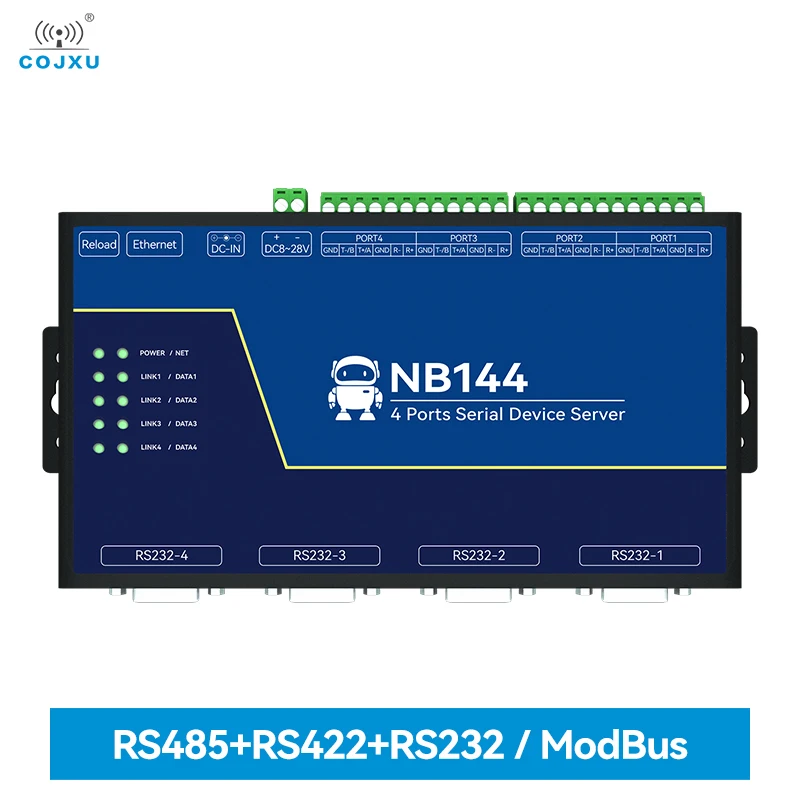 Isolated 4-Channel Serial Server RS232/422/485 RJ45 Modbus Gateway COJXU NB144 TCP/UDP/MQTT AT Command Build -in Watchdog