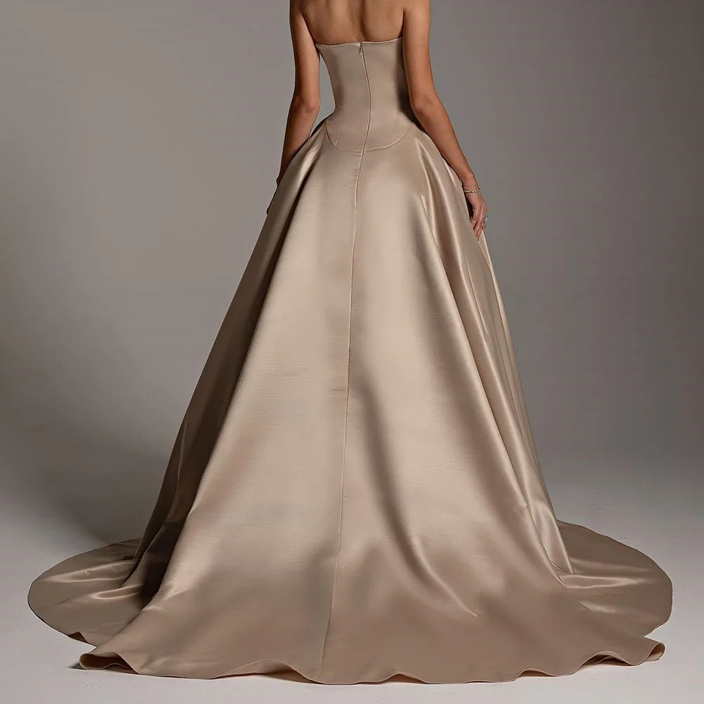 Customized Temperament Satin Evening Dress High Quality Strapless A-Line Sleeveless Floor Length Panel Train Celebrity Gowns